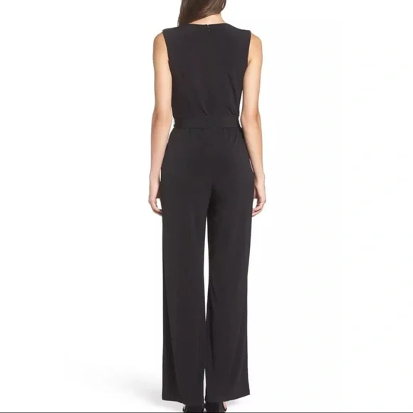 Vince Camuto Sleek V Neck Wrap Wide Palazzo Leg Black Jumpsuit ~L - Picture 2 of 7